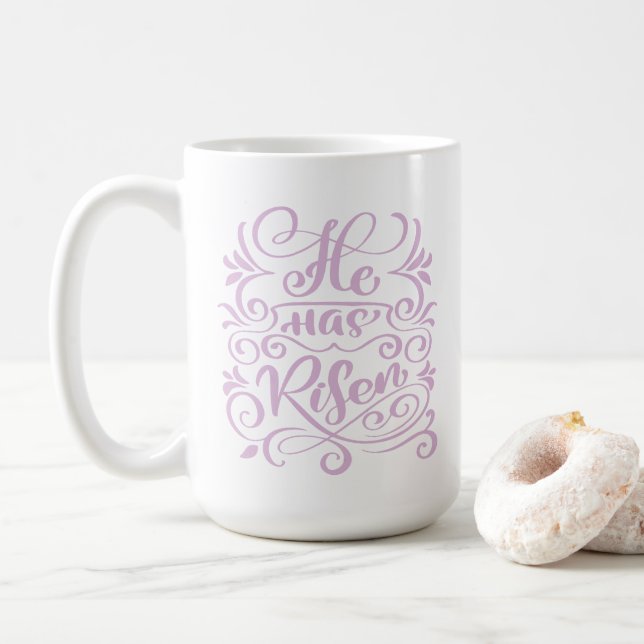 Easter He Has Risen Christian Script Lavender Coffee Mug (With Donut)
