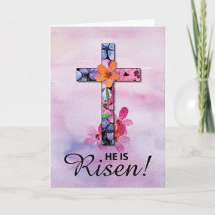 Easter He is Risen Cross Watercolor Flowers Card