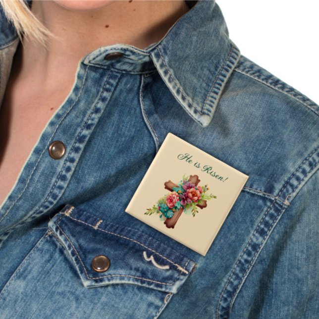 Easter “He is Risen” Floral Cross  15 Cm Square Badge (Creator Uploaded)