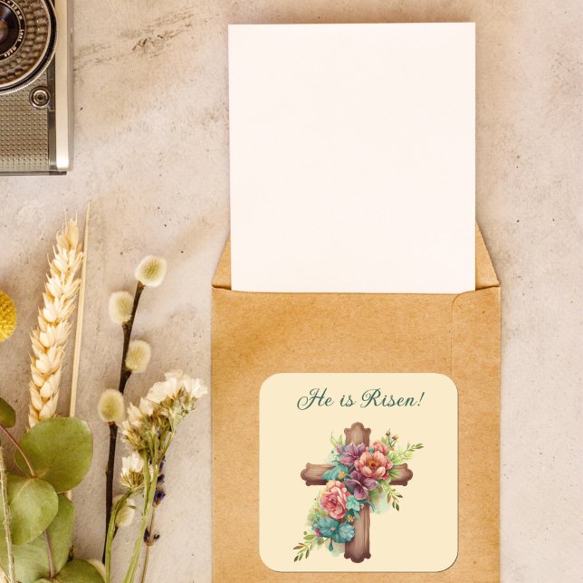 Easter “He is Risen” Floral Cross Square Sticker (Creator Uploaded)
