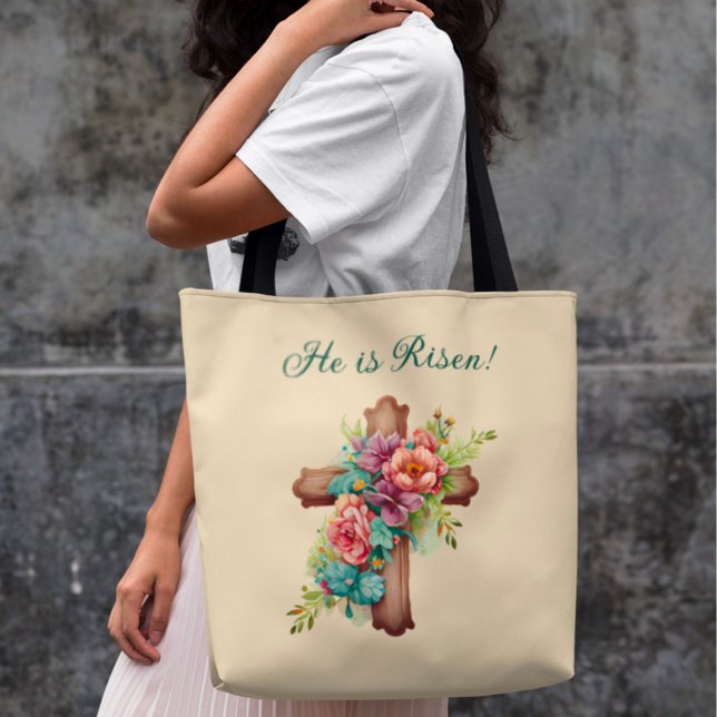 Easter “He is Risen” Floral Cross Tote Bag (Creator Uploaded)
