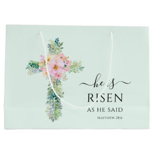 Easter He is Risen Greenery Watercolor Cross Large Gift Bag