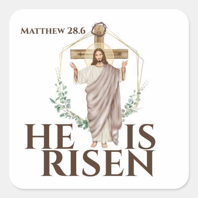 Easter He is Risen Jesus Christ wooden cross Square Sticker (Front)