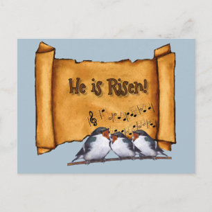 Easter: He Is Risen! Old Scroll, Singing Birds Art Holiday Postcard