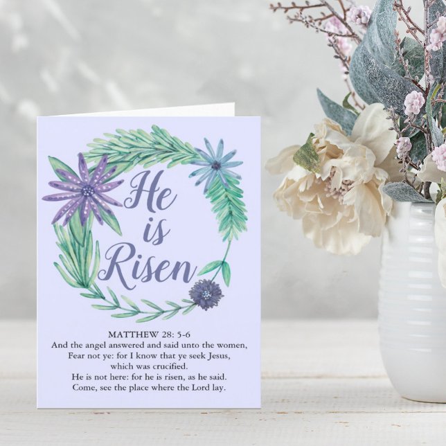 Easter He is Risen Purple Religious Matthew Verse Holiday Card (Creator Uploaded)