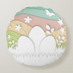 Easter hidden eggs on meadow, spring nature round cushion