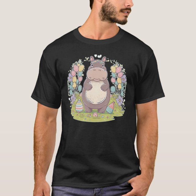 Easter Hippo Bunny Eggs on Easter Hippopotamus T-Shirt (Front)