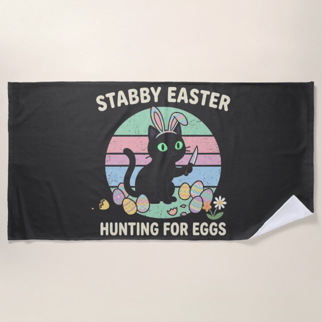 Easter Hunting For Eggs Funny Cat Beach Towel (Front)