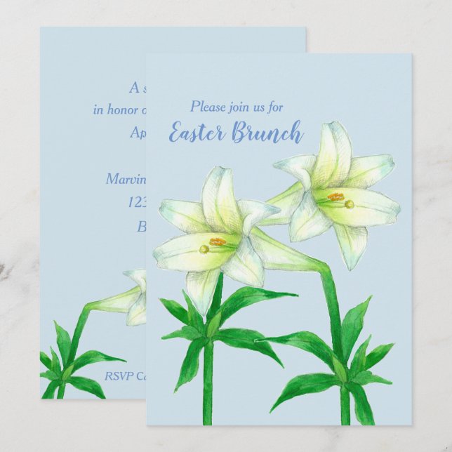 Easter Invitation Brunch Tea Lily Flowers Blue (Front/Back)