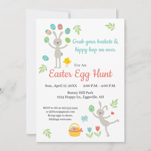 Easter Invitation Hopping Bunny and Egg Hunt (Front)