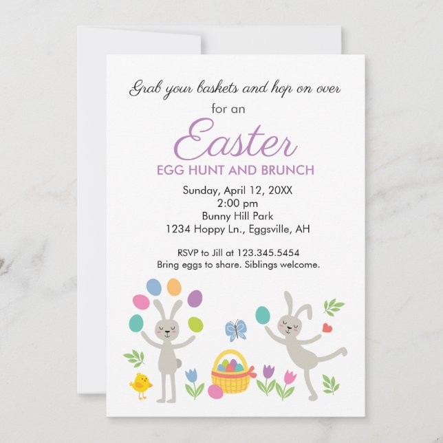 Easter Invitation Juggling Bunny and Egg Hunt (Front)