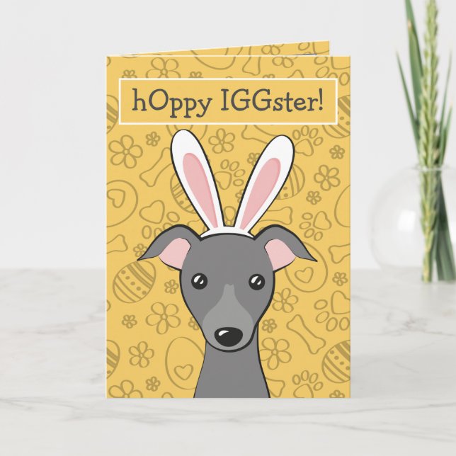 Easter Italian Greyhound Grey Dog Cute Bunny ears Holiday Card (Front)