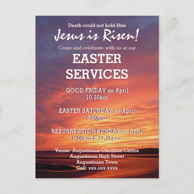 EASTER Jesus is Risen CHURCH SERVICES Customised Invitation Postcard (Front)