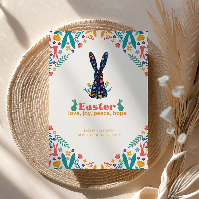 Easter Joy Love Peace Floral Easter Bunny Holiday Card (Creator Uploaded)