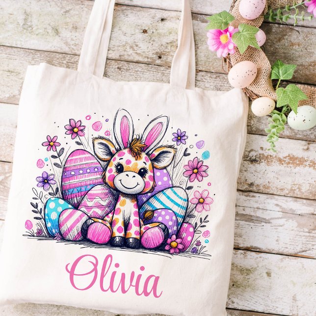 Easter Kids Name Girls Bunny Giraffe Tote Bag (Giraffe Girls Easter Tote)