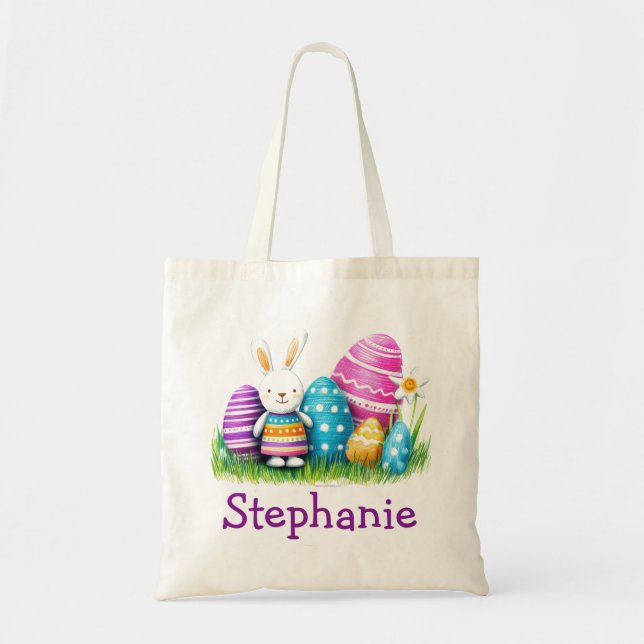 Easter Kids Name Girls Bunny Rabbit Tote Bag (Front)