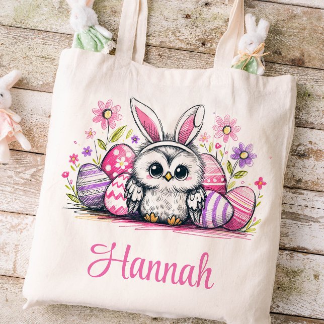 Easter Kids Name Girls Owl Bunny  Tote Bag (Owl Girls Easter Tote)