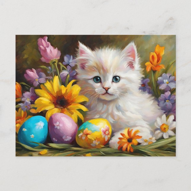 Easter Kitten with Flowers and Painted Eggs  Holiday Postcard (Front)