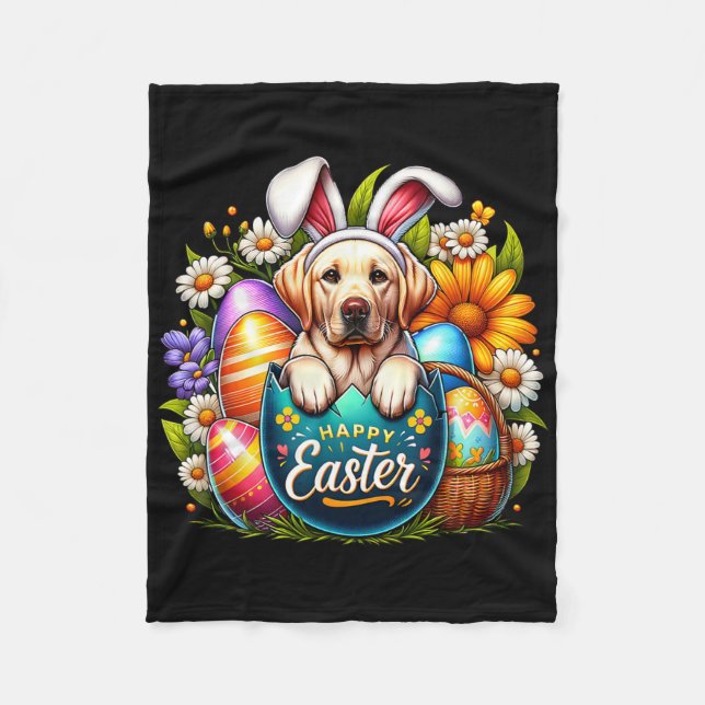 Easter Labrador Puppy Floral Easter Colourful Eggs Fleece Blanket (Front)