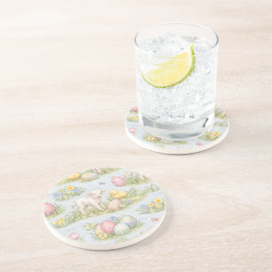 Easter Lamb And Chick Watercolor Floral Spring Coaster