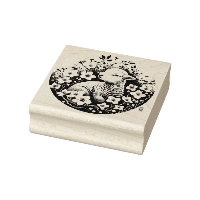 Easter Lamb and Dogwood                            Rubber Stamp (Stamp)