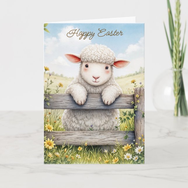 Easter Lamb On Farm Fence Card (Front)