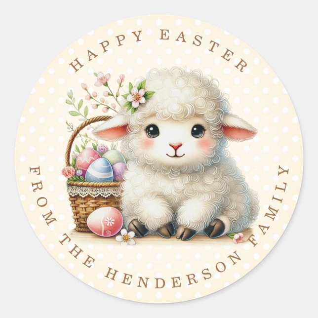 Easter Lamb Personalised Name Round Stickers (Front)