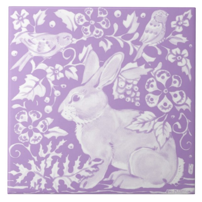 Easter Light Purple Bunny Rabbit Bird Woodland  Tile (Front)
