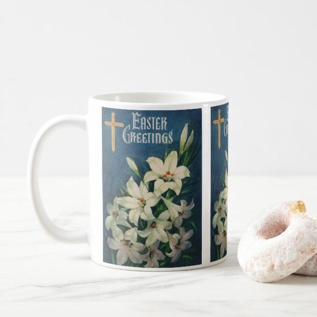 Easter Lilies Flowers, Vintage Religious Easter Coffee Mug (With Donut)