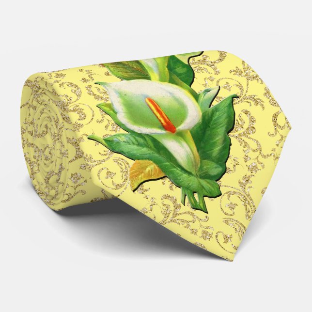 Easter Lily Gold Damask on Yellow Background Tie (Rolled)