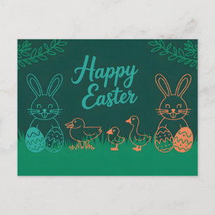 Easter Line Illustration with Bunnies and Chicks Holiday Postcard