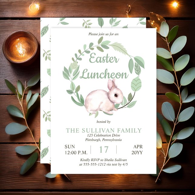 Easter Luncheon Bunny Rabbit Sage Floral Wreath  Invitation (Cute Easter Bunny Rabbit and Eucalyptus Wreath Sage Green Easter Luncheon Invitation - Print | Digi)