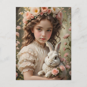 Easter Magic - Girl with Flower Crown and Bunny Holiday Postcard