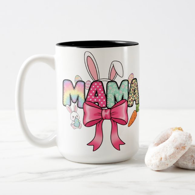 Easter Mama Colourful Bunny Ears & Floral Patterns Two-Tone Coffee Mug (With Donut)