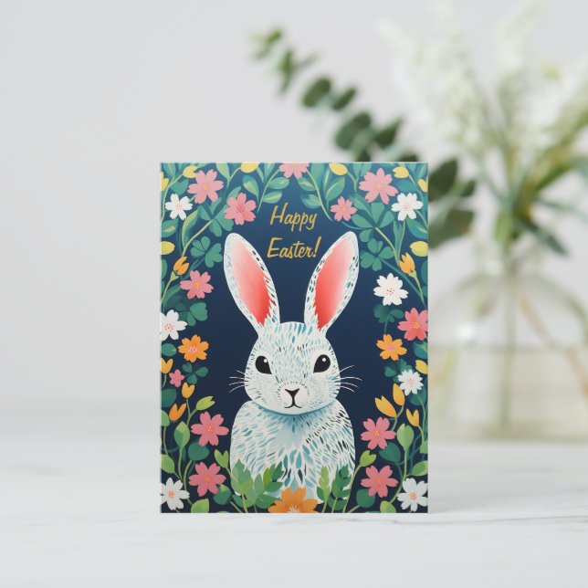 Easter Meadow Magic Bunny, Flowers & Joyful Colour Holiday Postcard (Standing Front)
