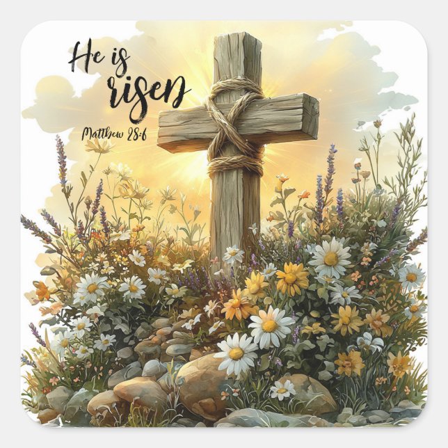 Easter Morning Cross with Glowing Sunrise  Square Sticker (Front)