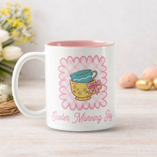 Easter Morning Joy Teacups Cute Gingham  Two-Tone Coffee Mug