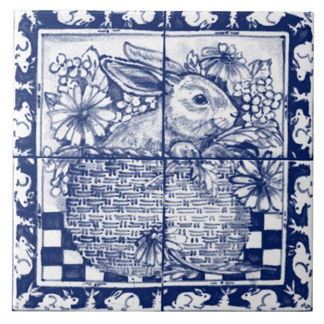 Easter Navy Blue White Bunny Rabbit Dedham Delft Tile (Front)