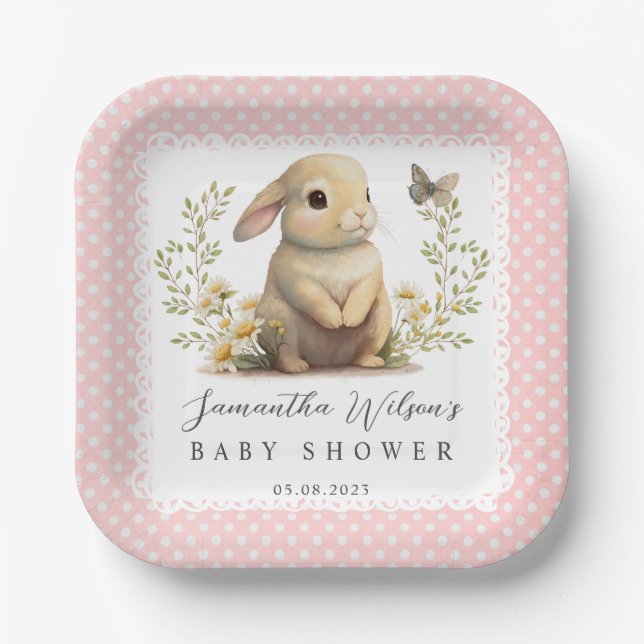 Easter Oh Baby Bunny Spring Girl Baby Shower Paper Plate (Front)