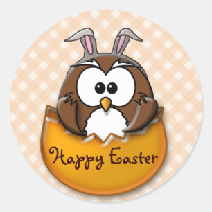 Easter owl gingham - orange classic round sticker