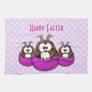 Easter owl - pink tea towel