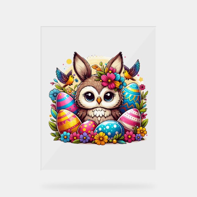 Easter owl with bunny ears acrylic sign (Front)