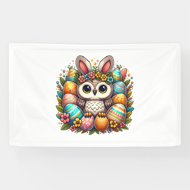 Easter owl with bunny ears   banner (Horizontal)