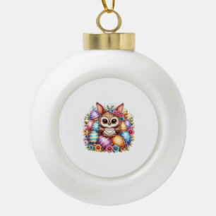 Easter owl with bunny ears ceramic ball christmas ornament