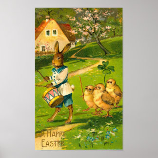 Easter Parade With Rabbit & Chicks Vintage Poster