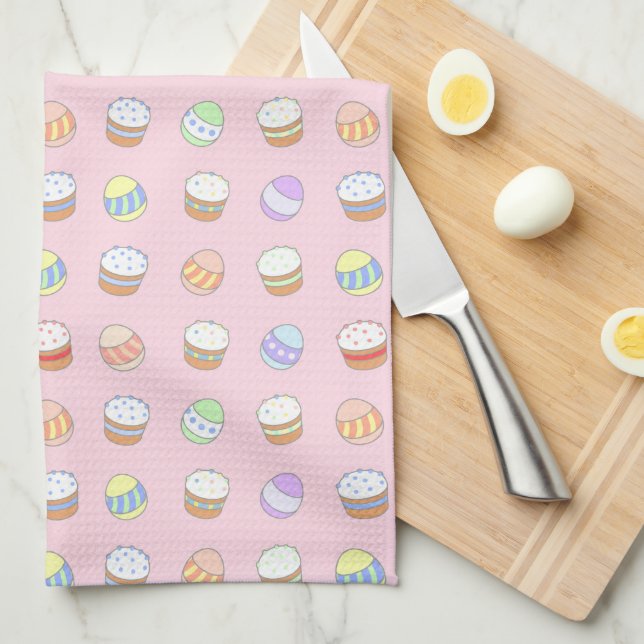 Easter Party Cakes and Eggs Cute Pattern Tea Towel (Quarter Fold)