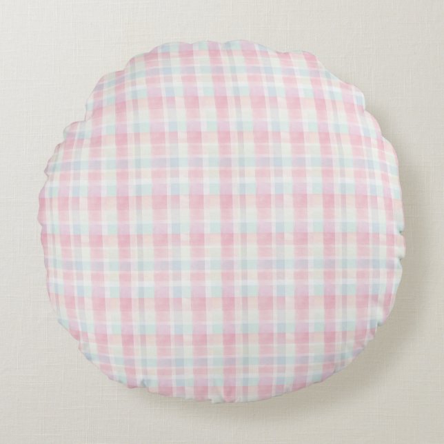 Easter Pastel Plaid Seamless Fabric – Cute  Round Cushion (Front)