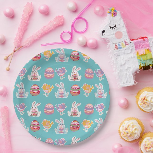 Easter Pattern Moonstone Blue Paper Plates (Party)