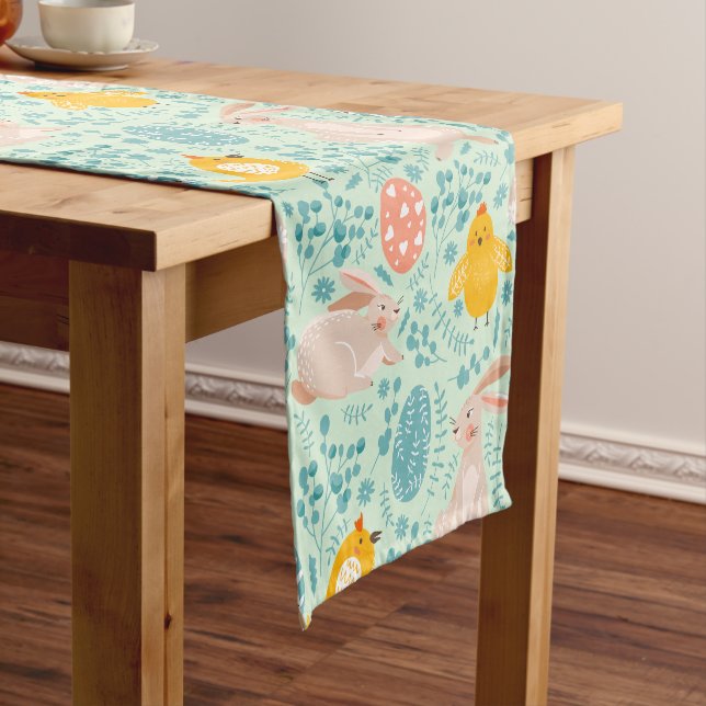 Easter pattern with eggs, bunny, chick, flowers  short table runner (In Situ)