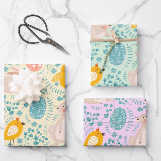 Easter pattern with eggs, bunny, chick, flowers  wrapping paper sheet (Front)